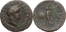 Nero (54 68). AE As, 62-68. Obv. Head of Nero, laureate, right. Rev. Victory, winged, draped, moving left, holding in both hands shield inscribed S P ...