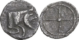 Sicily. Gela. AR Obol, c. 480-470 BC. Obv. Forepart of man-headed bull right. Rev. Four-spoked wheel. HGC 2 372. AR. 0.41 g. 9.00 mm. RR. Good F.