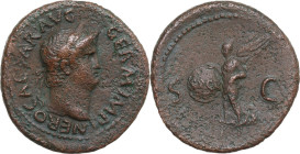 Nero (54-68). AE As, 62-68. Obv. Laureate head right. Rev. Victory flying left, holding shield inscribed SPQR. RIC I (2nd ed.) 312. AE. 13.25 g. 29.00...