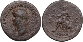 Nero (54-68). AE Sestertius. Obv. NERO CLAVD CAESAR AVG GER P M TR P IMP P P. Laureate head left, globe at point of bust,. Rev. ROMA SC. Roma seated l...