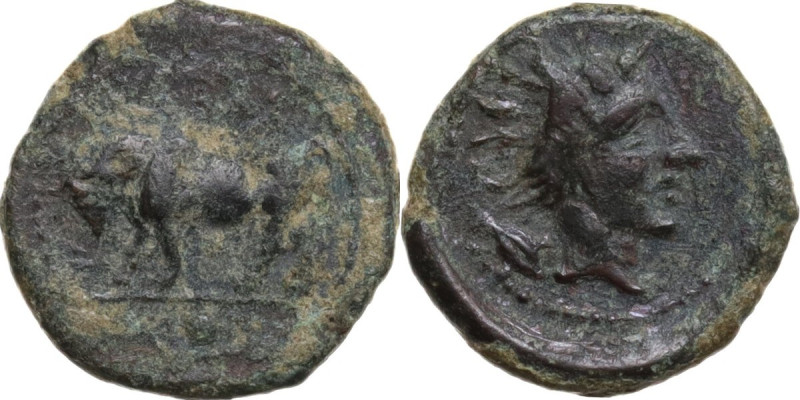Sicily. Gela. AE 11 mm, 420-405 BC. Obv. Bull standing right. Rev. Head of river...