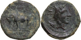 Sicily. Gela. AE 11 mm, 420-405 BC. Obv. Bull standing right. Rev. Head of river god right; behind, grain of barley. CNS III 29. AE. 1.10 g. 11.00 mm....