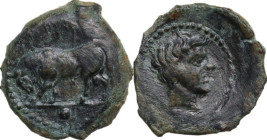 Sicily. Gela. AE Onkia, 420-405 BC. Obv. Bull standing left; in exergue, pellet. Rev. Head of river god right. CNS III 11. AE. 1.40 g. 13.50 mm. Very ...