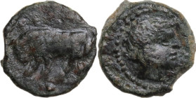 Sicily. Gela. AE Onkia, 420-405 BC. Obv. Bull left; in exergue, one pellet. Rev. Head of river god right. CNS III 5. AE. 1.20 g. 10.50 mm. About VF.