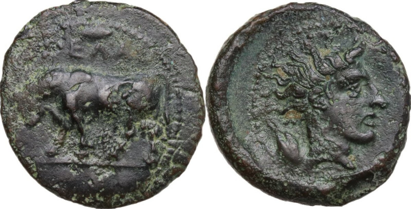 Sicily. Gela. AE Tetras, 420-405 BC. Obv. Bull standing left; above, leaf; in ex...