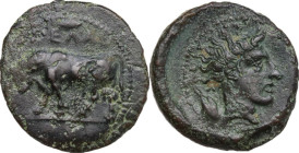 Sicily. Gela. AE Tetras, 420-405 BC. Obv. Bull standing left; above, leaf; in exergue, three pellets. Rev. Head of river god right; behind, corn of ba...