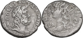 Nero (54-68). BI Tetradrachm. Alexandria mint (Egypt). Dated RY 14 (AD 67/8). Obv. Radiate bust left, wearing aegis; L I∆ (date) before. Rev. Bust of ...