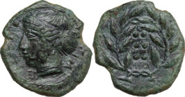 Sicily. Himera. AE Hemilitron, c. 415-409 BC. Obv. Head of nymph left. Rev. Six pellets within laurel wreath. CNS I 35. AE. 3.40 g. 17.00 mm. Green pa...