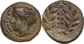 Sicily. Himera. AE Hemilitron, c. 415-409 BC. Obv. Head of nymph left; before, six pellets. Rev. Wreath containing six pellets. CNS I 35. AE. 4.10 g. ...