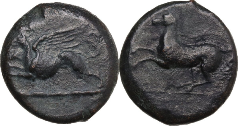 Sicily. Kainon. AE 22 mm, c. 365 BC. Obv. Griffin running left. Rev. Horse pranc...