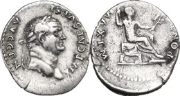Vespasian (69-79). AR Denarius, 73 AD. Obv. Laureate head right. Rev. Emperor seated left, holding scepter and branch. RIC II-p. 1 (2nd ed.) 545. AR. ...