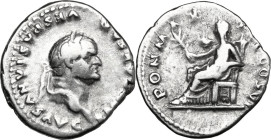 Vespasian (69-79). AR Denarius, 75 AD. Obv. Head right, laureate. Rev. Pax seated left, holding branch and resting elbow on chair. RIC II 772. AR. 3.4...