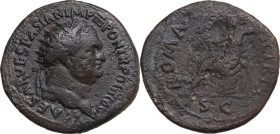 Titus as Caesar (69-79). AE Dupondius, 72-73. Obv. Head of Titus, radiate, right. Rev. Roma seated left on cuirass, holding Victory and spear. RIC II-...