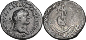 Titus (79-81). AR Denarius, 80 AD. Obv. Laureate head right. Rev. Anchor with dolphin. RIC II-p. 1 (2nd ed.) 112. AR. 3.13 g. 18.00 mm. Toned with iri...