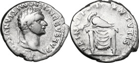Domitian as Caesar (69-81). AR Denarius, struck under Titus 80-81. Obv. Head right, laureate. Rev. Corinthian helmet placed on chair covered with drap...