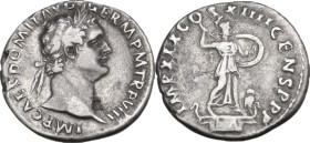 Domitian (81-96). AR Denarius, 88-89. Obv. Laureate head right. Rev. Minerva standing right on top of rostral column, brandishing spear and holding sh...
