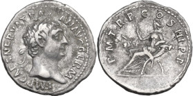 Trajan (98-117). AR Denarius, 100 AD. Obv. Laureate head right. Rev. Abundantia seated left on chair made of crossed cornucopiae, holding sceptre. RIC...