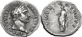 Trajan (98-117). AR Denarius, 101-102. Obv. Head right, laureate. Rev. Pax standing left, holding branch and cornucopiae. RIC II 56. AR. 3.10 g. 20.00...