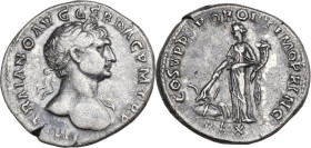 Trajan (98-117). AR Denarius, 103-111. Obv. Laureate bust right, draped on left shoulder. Rev. Pax standing left, setting fire to arms with torch and ...