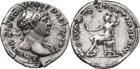 Trajan (98-117). AR Denarius. Rome mint, 103-111 AD. Obv. Bust of Trajan, laureate, draped on left shoulder, right. Rev. Roma, helmeted, in military d...