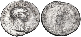 Trajan (98-117 AD). AR Denarius. Rome mint. Struck 108-109 AD. Obv. IMP TRAIANO AVG GER DAC PM TR P. Laureate bust right, slight drapery on far should...