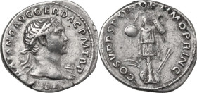 Trajan (98-117). AR Denarius. Rome mint, 103-111 AD. Obv. Bust of Trajan, laureate, draped, right. Rev. Trophy. RIC II 147b. AR. 3.16 g. 18.50 mm. Scr...