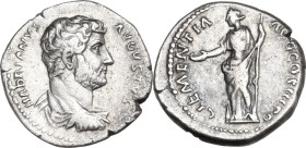 Hadrian (117-138). AR Denarius 129-130. Obv. Draped and cuirassed bust right. Rev. Clementia standing left, holding patera and sceptre. RIC II-p. 3 (2...