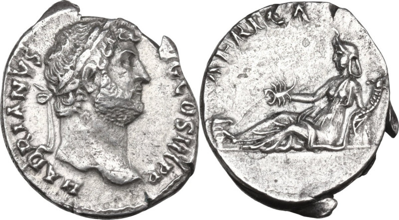 Hadrian (117-138). AE Denarius, 130-133. Obv. Laureate head right. Rev. Africa r...