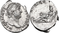 Hadrian (117-138). AE Denarius, 130-133. Obv. Laureate head right. Rev. Africa reclining left, holding scorpion and cornucopiae; at feet, basket of fr...