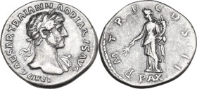 Hadrian (117-138). AR Denarius, Antioch mint, 119 AD. Obv. Laureate bust right, draped on left shoulder. Rev. Pax standing left, holding branch and co...