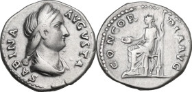 Sabina, wife of Hadrian (died 137 AD). AR Denarius, 133-135. Obv. Diademed and draped bust right. Rev. Concordia seated left, holding patera and scept...