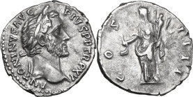 Antoninus Pius (138-161). AR Denarius, 151-152. Obv. Head right, laureate. Rev. Vesta standing left, holding simpulum and palladium. RIC III 203. AR. ...