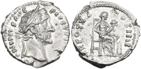 Antoninus Pius (138-161). AR Denarius, 156-157. Obv. Head of Antoninus Pius, laureate, right. Rev. Annona, draped, seated right on throne, holding cor...