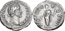 Antoninus Pius (138-161). AR Denarius, 159-161. Obv. Laureate head right. Rev. Pax standing left, holding branch and sceptre. RIC III 301. AR. 3.40 g....