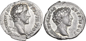 Antoninus Pius (138-161). AR Denarius, 140 AD. Obv. Head of Antoninus Pius, laureate, right. Rev. Head of Marcus Aurelius, bare, right. RIC III 417A. ...