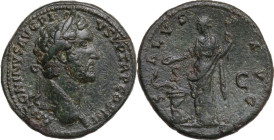 Antoninus Pius (138-161). AE Sestertius, 140-144. Obv. Head of Antoninus Pius, laureate, right. Rev. Salus, draped, standing left, feeding out of pate...