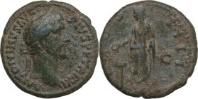 Antoninus Pius (138-161). AE As, 147-148. Obv. Laureate head right. Rev. Emperor standing left, capite velato, sacrificing from patera over tripod. RI...