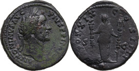 Antoninus Pius (138-161). AE Sestertius, 155-156. Obv. Head of Antoninus Pius, laureate, right. Rev. Fides Exercitus, standing left, holding two stand...
