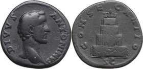 Divus Antoninus Pius (after 161 AD). AE Sestertius, 161 AD. Obv. Head right. Rev. Funeral pyre of four tiers, topped by quadriga. RIC III (M. Aur.) 12...