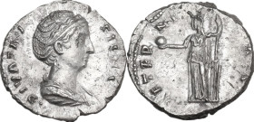 Diva Faustina I (after 141 AD). AR Denarius, 141 AD. Obv. Bust of Faustina I, draped, right, hair elaborately waved in several loops round head and dr...