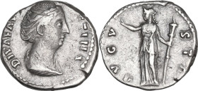 Diva Faustina I (after 141 AD). AR Denarius, 141 AD. Obv. Draped bust right. Rev. Ceres standing left, raising right hand and holding long torch in le...