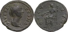 Diva Faustina I (after 141 AD). AE Dupondius, 141 AD. Obv. Bust of Faustina I, draped, right, hair elaborately waved and coiled in bands across head a...