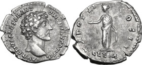 Marcus Aurelius as Caesar (139-161). AR Denarius, 148-149. Obv. Head right. Rev. Celmentia standing left, holding patera and fold of drapery. RIC III ...