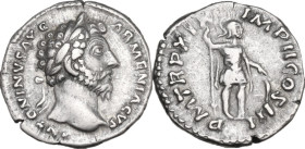 Marcus Aurelius (161-180). AR Denarius, 164-165. Obv. Laureate head right. Rev. Mars standing right, holding spear and leaning on shield. RIC III 124....