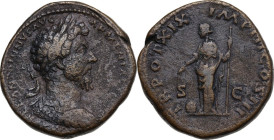 Marcus Aurelius (161-180). AE Sestertius, 165 AD. Obv. Laureate and cuirassed bust right. Rev. Providentia standing left, holding scepter and wand ove...