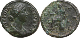 Faustina II (died 176 AD). AE As, 161-176. Obv. Bust of Faustina II, draped, hair elaborately waved in nearly vertical lines and fastened in a low chi...