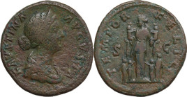Faustina II (died 176 AD). AE Sestertius, 161-176. Obv. Diademed and draped bust right. Rev. Empress standing left between four children and holding t...