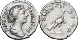 Diva Faustina II (after 176 AD). AR Denarius, 176-180. Obv. Draped bust right. Rev. Peacock standing right, wings closed. RIC III (M. Aur.) 744. AR. 3...
