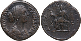 Diva Faustina II (after 176 AD). AE Sestertius, 176-180. Obv. Bust of Faustina II, draped, hair elaborately waved in nearly vertical lines and fastene...