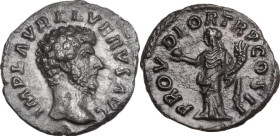 Lucius Verus (161-169). AR Denarius, 161 AD. Obv. Head of Lucius Verus, bare, right. Rev. Providentia, draped, standing left, holding globe on extende...
